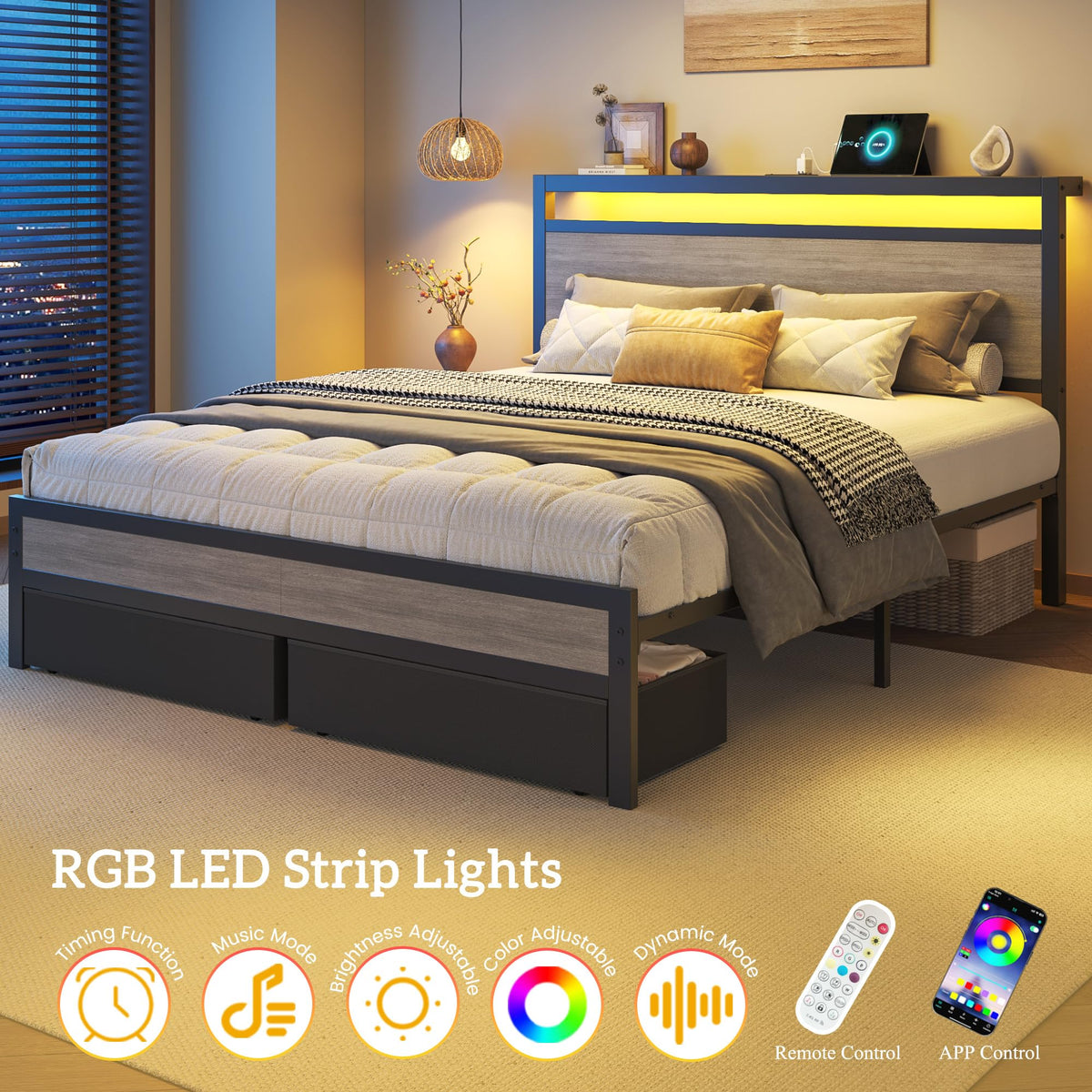 Queen Size Storage Bed Frame with Wood Headboard and LED Lights M160365