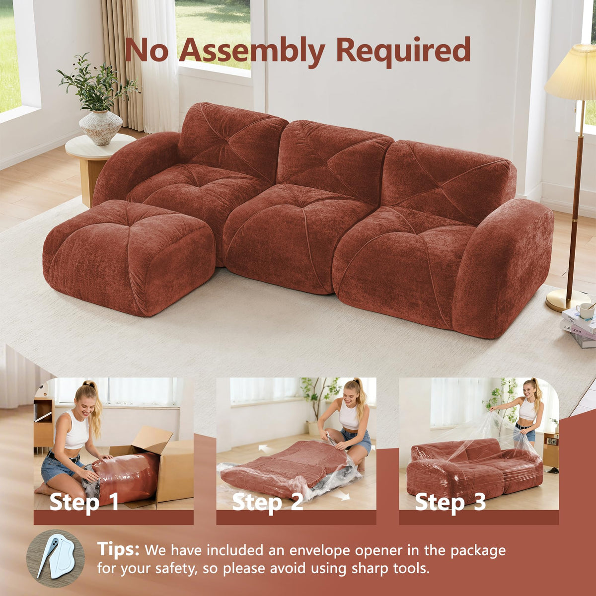L-Shaped Orange Velvet Tufted Sofa with Ottoman S1099