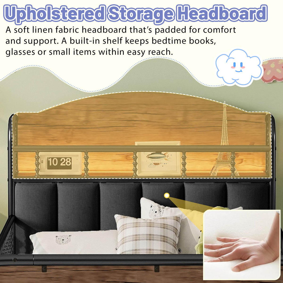 Black Metal Twin Bed Frame with Storage and Upholstered Headboard I901