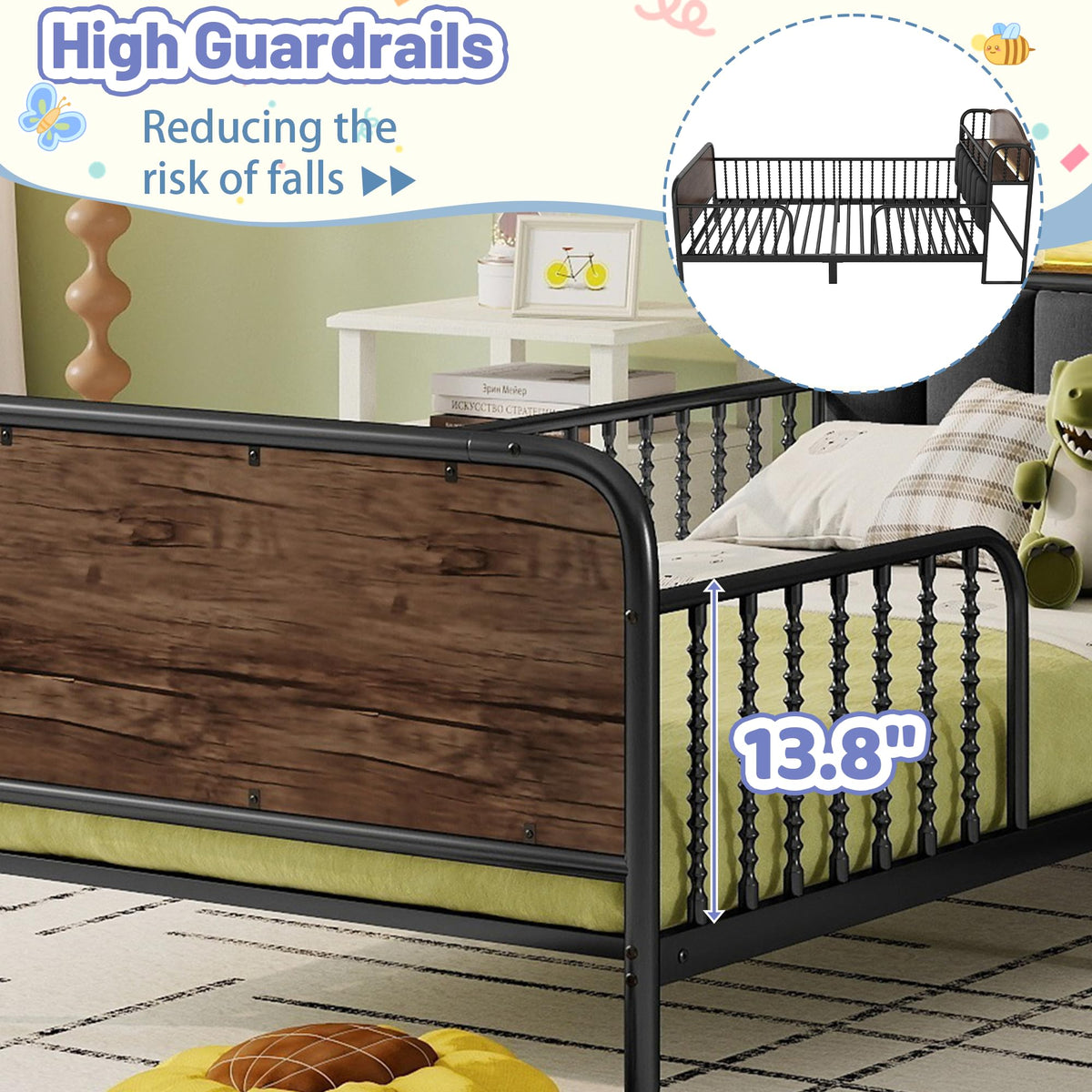 Black Metal Twin Bed Frame with Storage and Upholstered Headboard I901