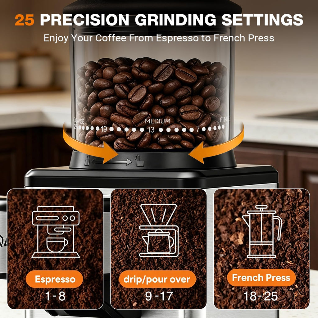 Conical Burr Coffee Bean Grinder, 25 Precise Settings, Anti-Static A568