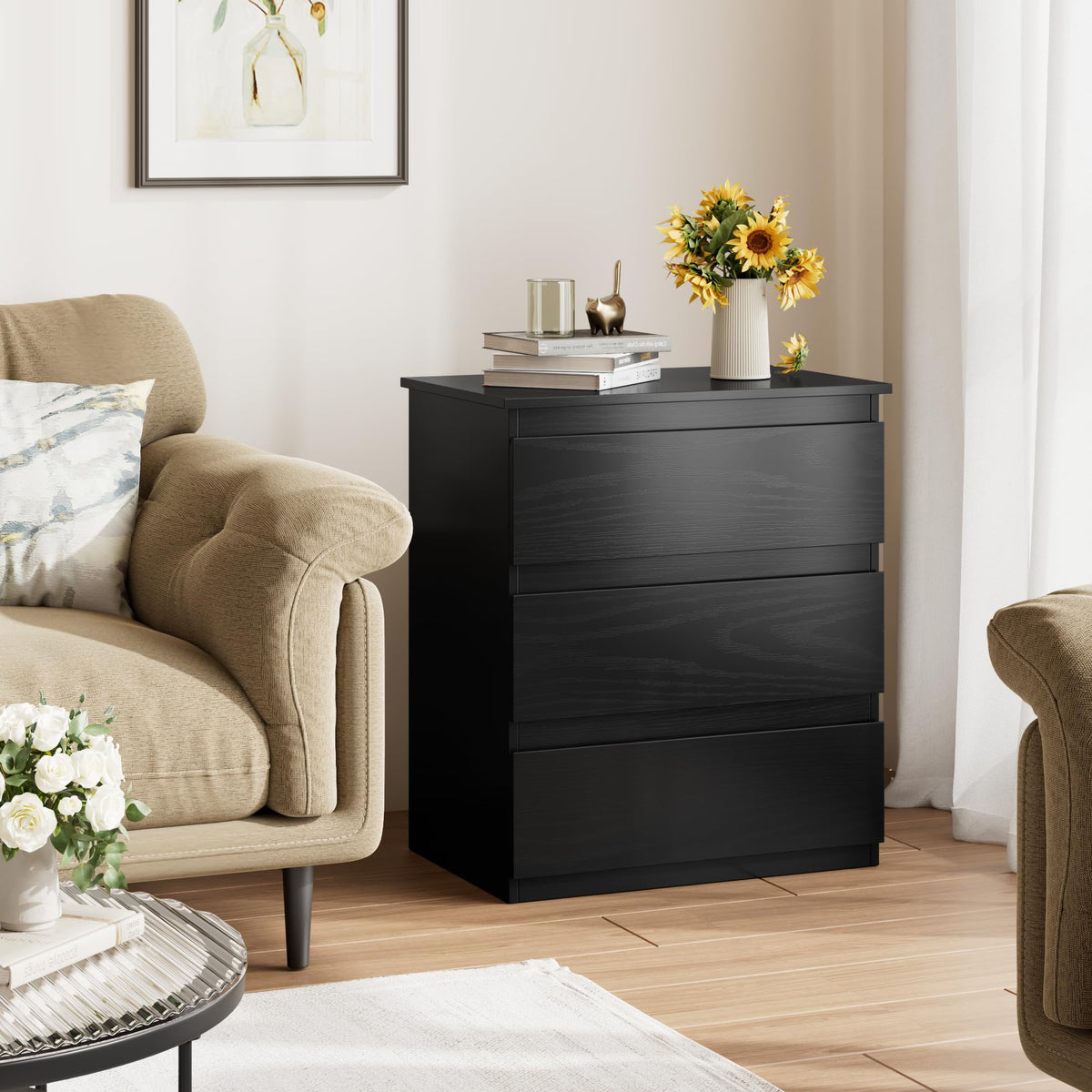 Black 3 Drawer Nightstand D304