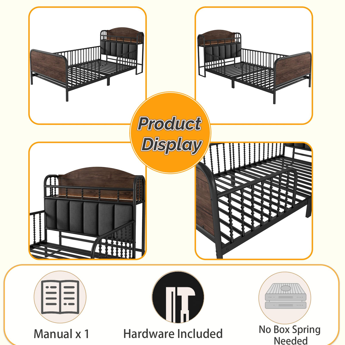 Black Metal Twin Bed Frame with Storage and Upholstered Headboard I901