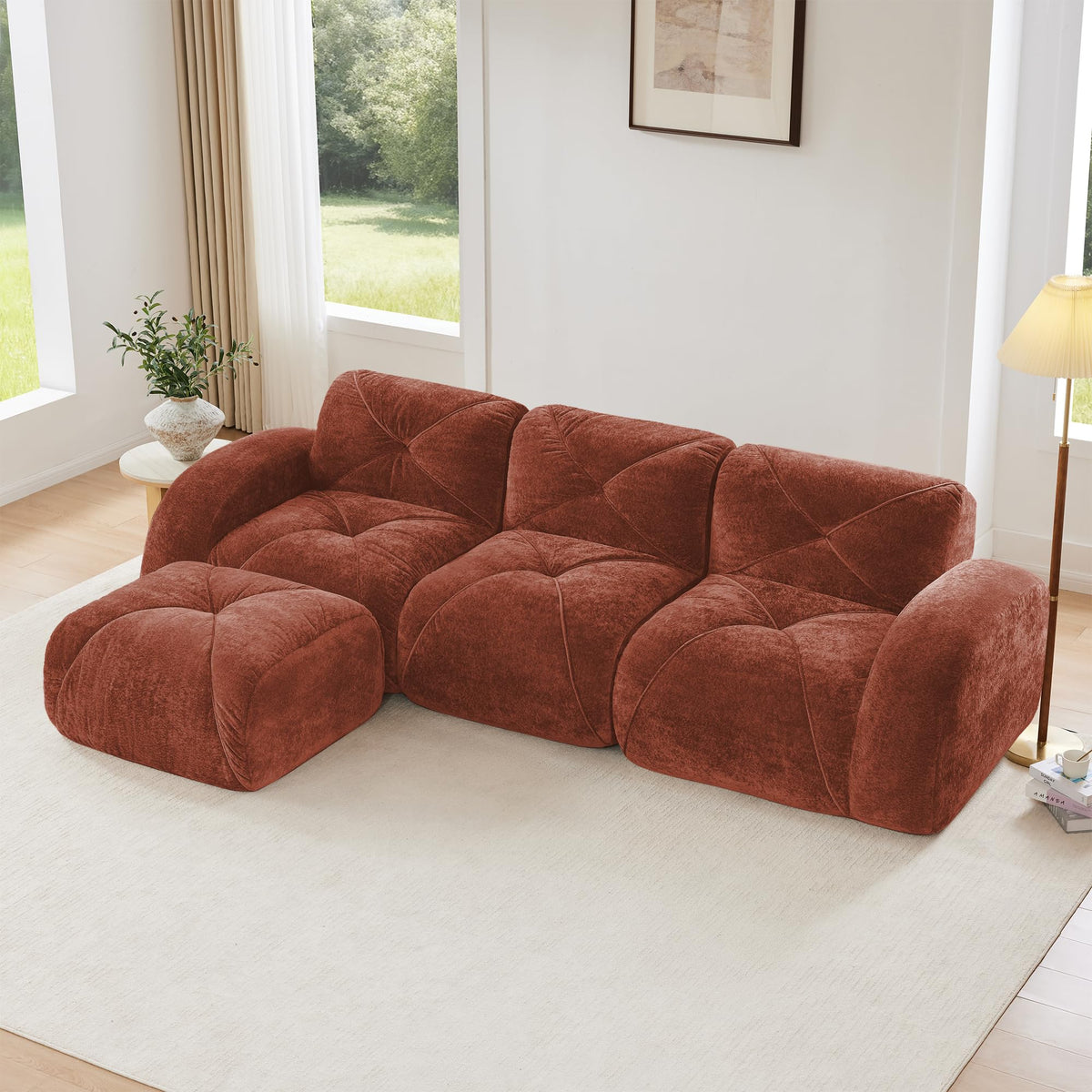 L-Shaped Orange Velvet Tufted Sofa with Ottoman S1099