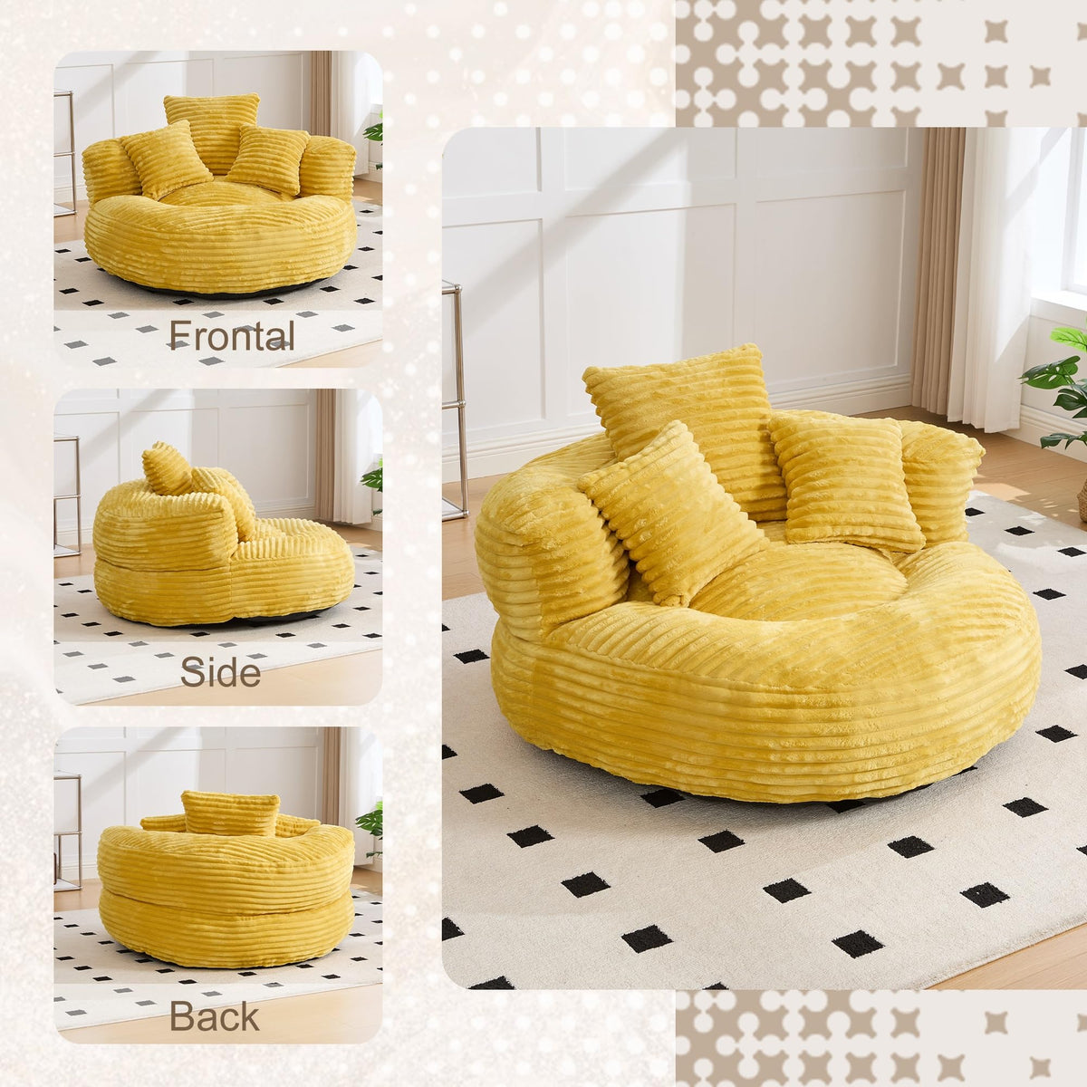 Oversized Corduroy Bean Bag Chair with 3 Pillows P13110