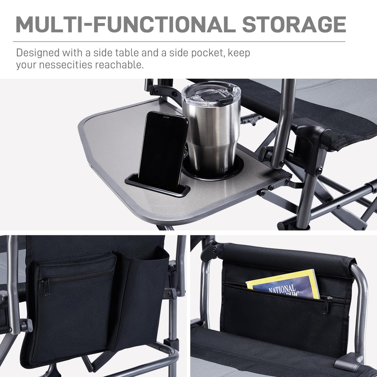 Portable Folding Camping Chair with Side Table, Black X10378