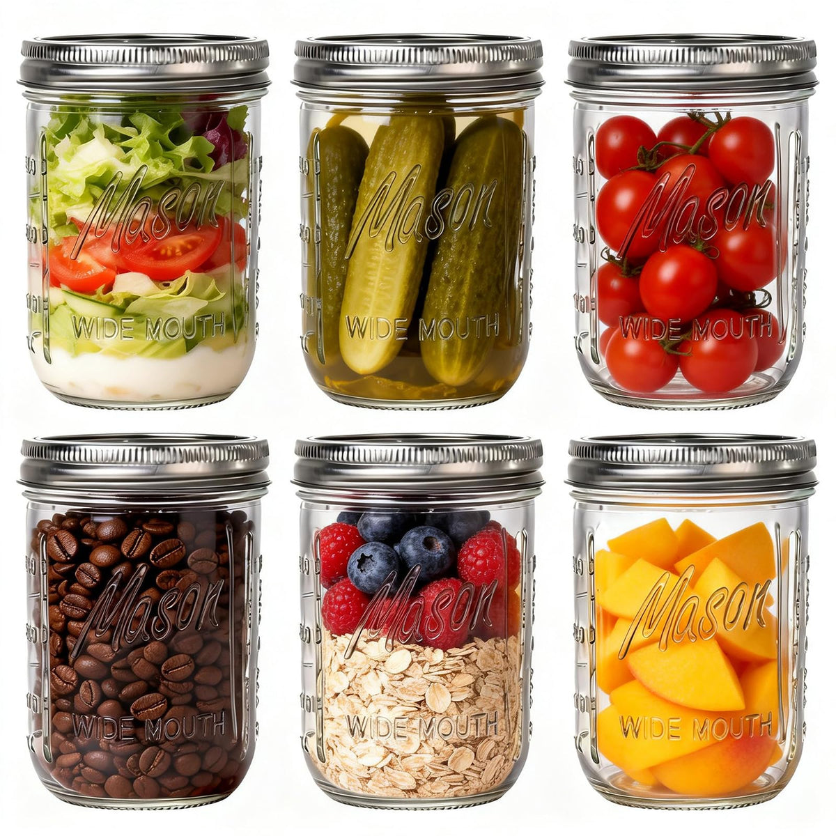 6-Pack 16 oz Wide Mouth Glass Mason Jars with Lids M580
