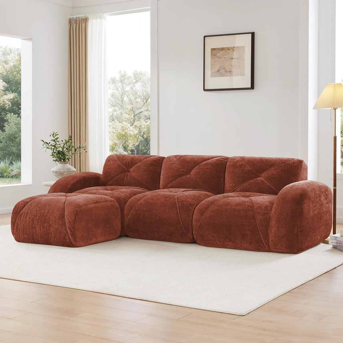 L-Shaped Orange Velvet Tufted Sofa with Ottoman S1099