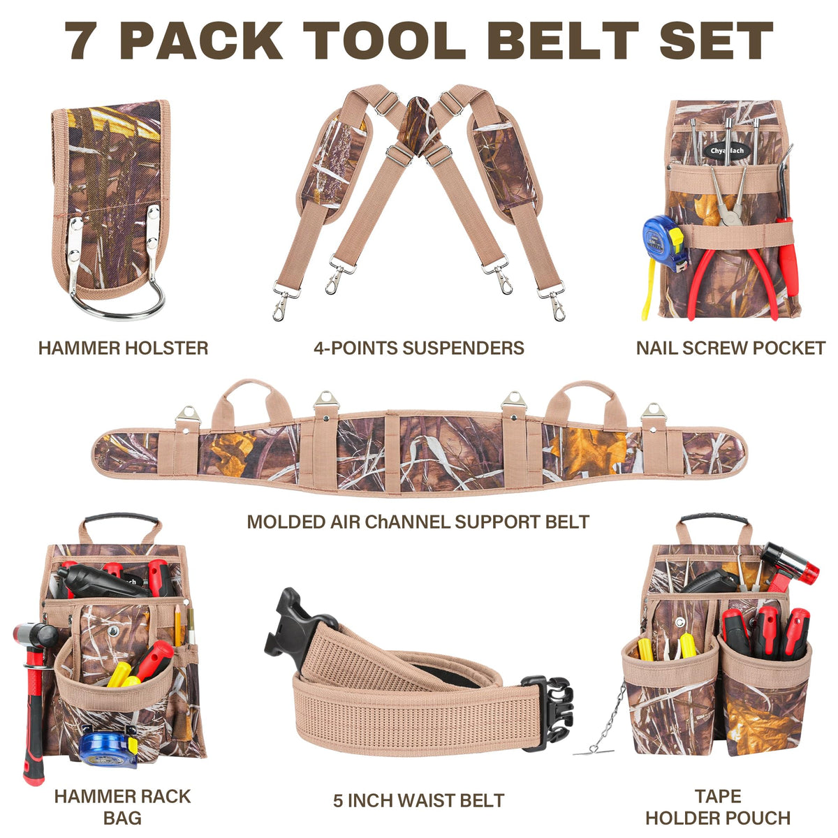 7-Piece Tool Belt Rig with 16 Pockets and Dual Hammer Loops Z9625