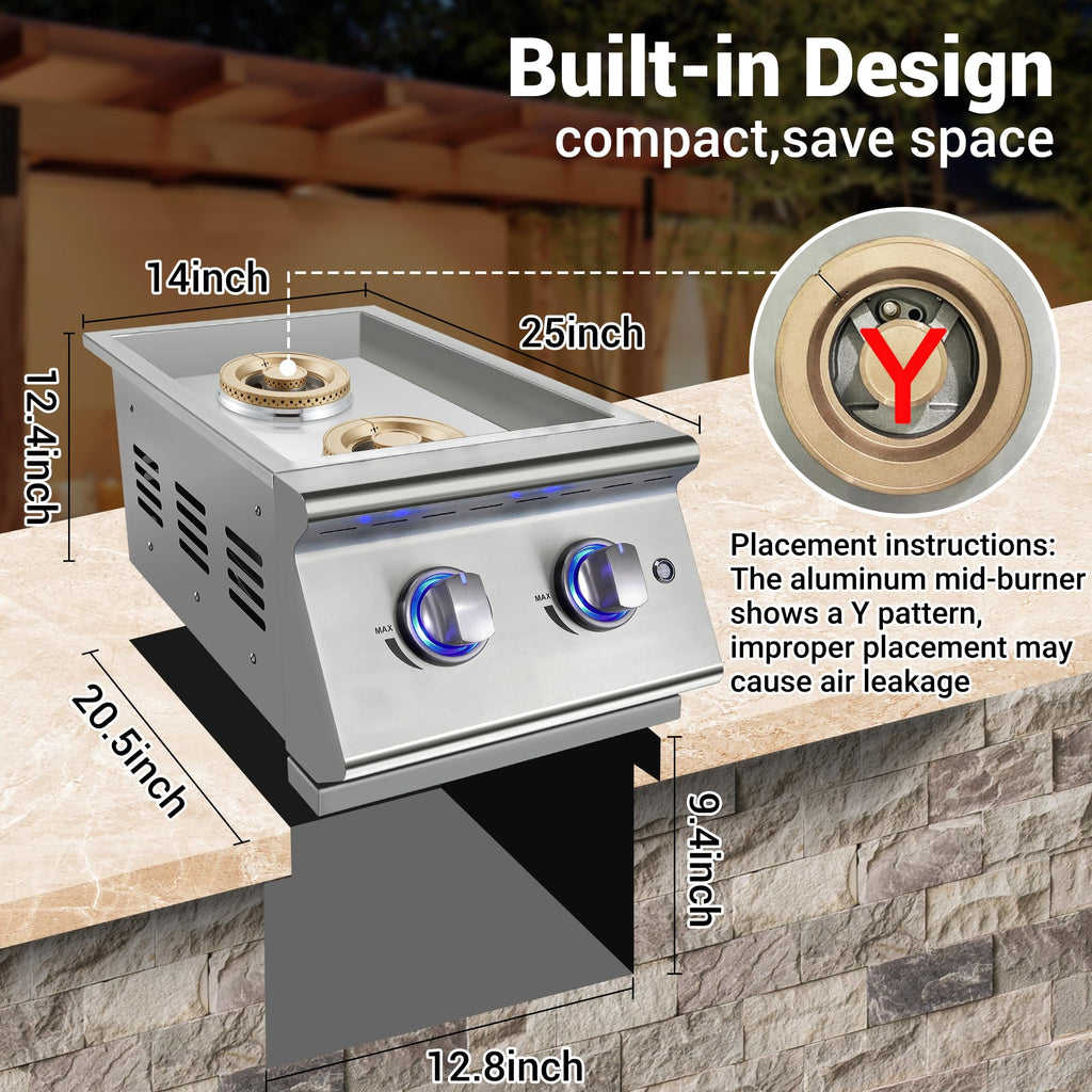 Double Grilling Side Burners, 2 * 17,000BTU, Convertible to Liquid Propane, 304 Stainless Steel Q9658