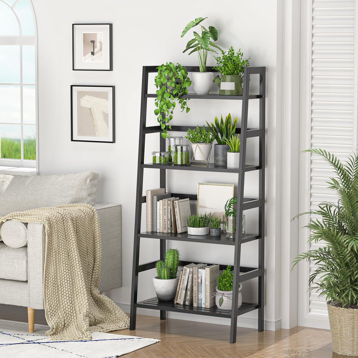 Black 4-Tier Bamboo Ladder Shelf G51804