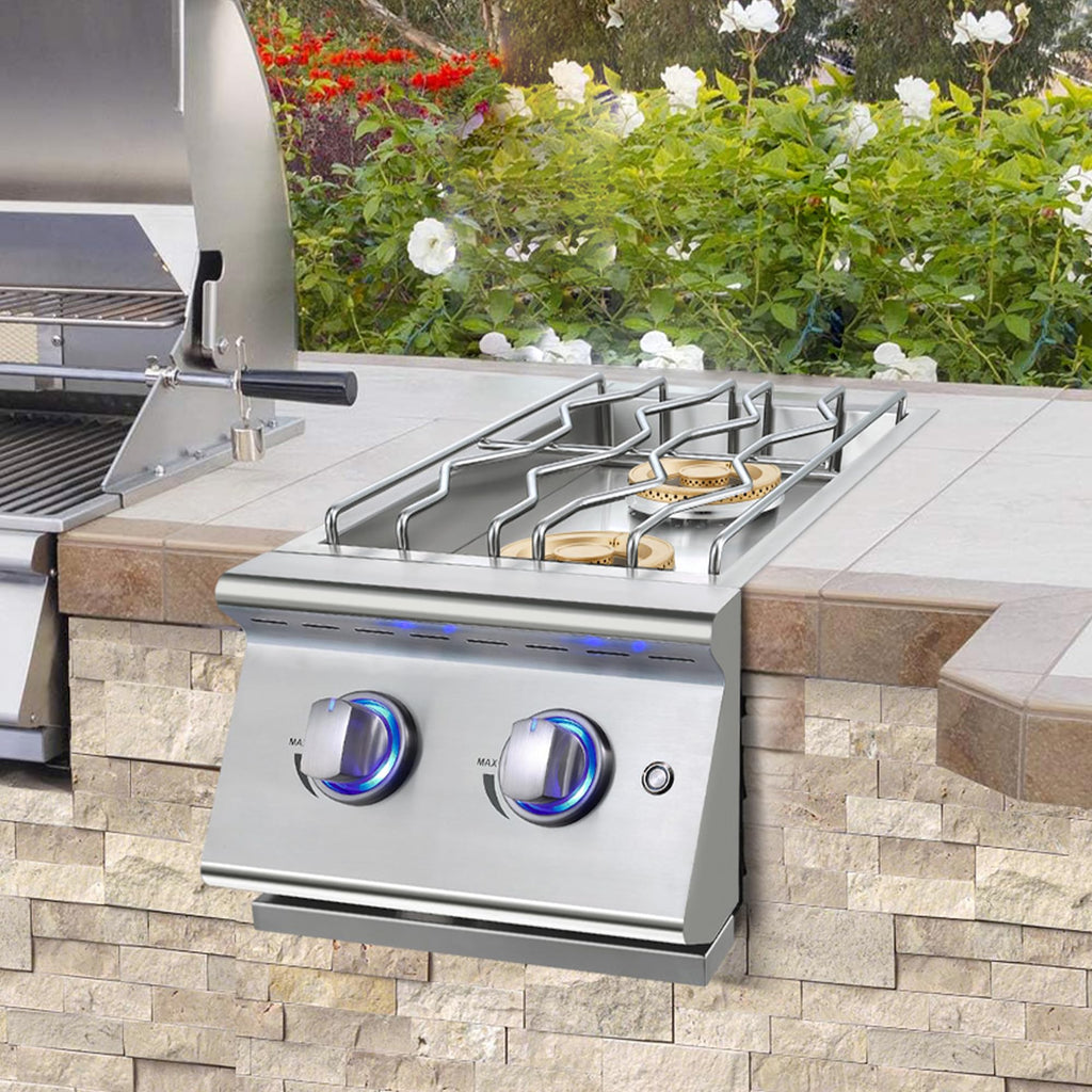 Double Grilling Side Burners, 2 * 17,000BTU, Convertible to Liquid Propane, 304 Stainless Steel Q9658