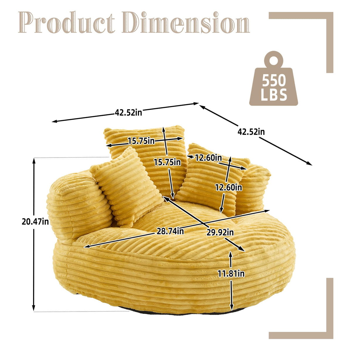 Oversized Corduroy Bean Bag Chair with 3 Pillows P13110