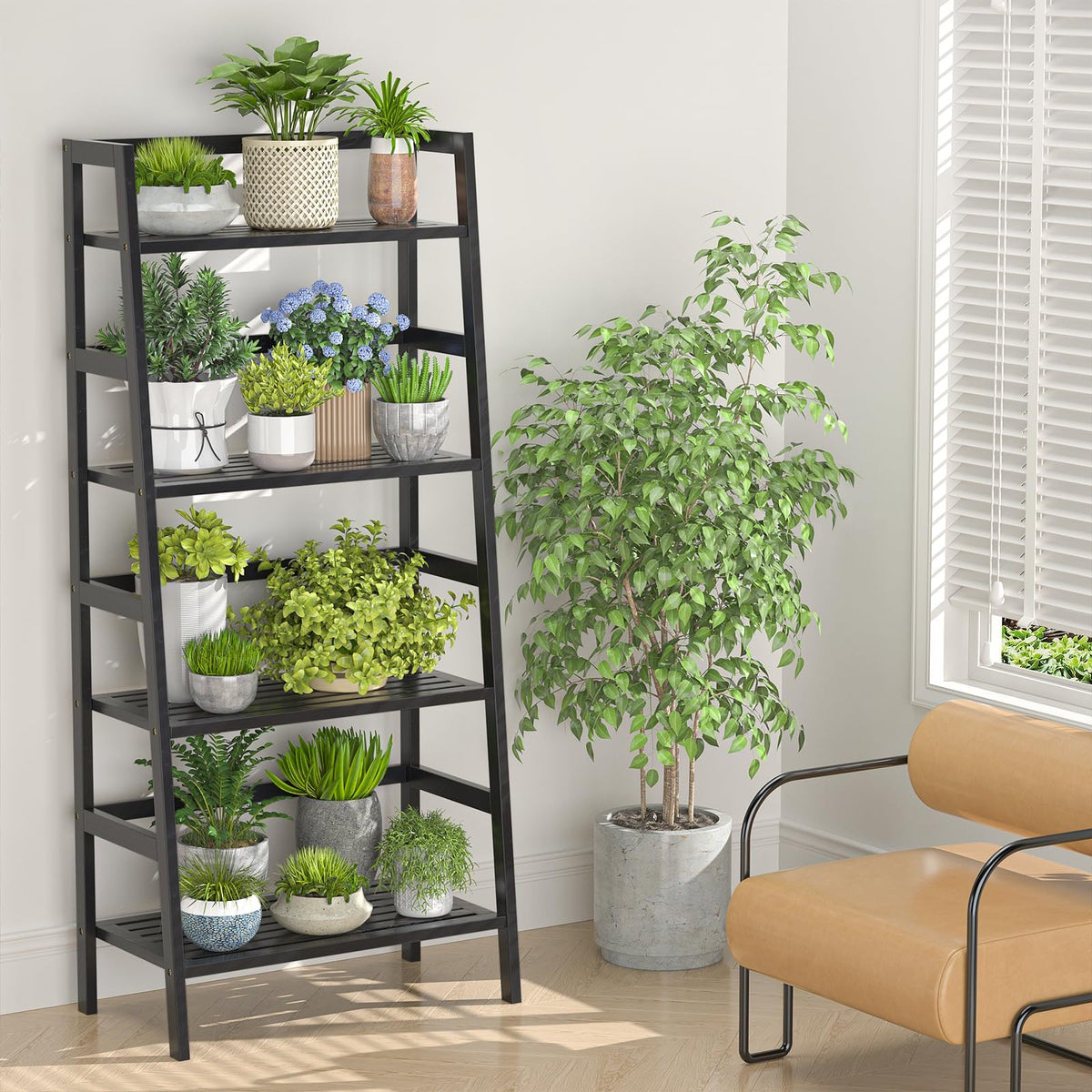 Black 4-Tier Bamboo Ladder Shelf G51804