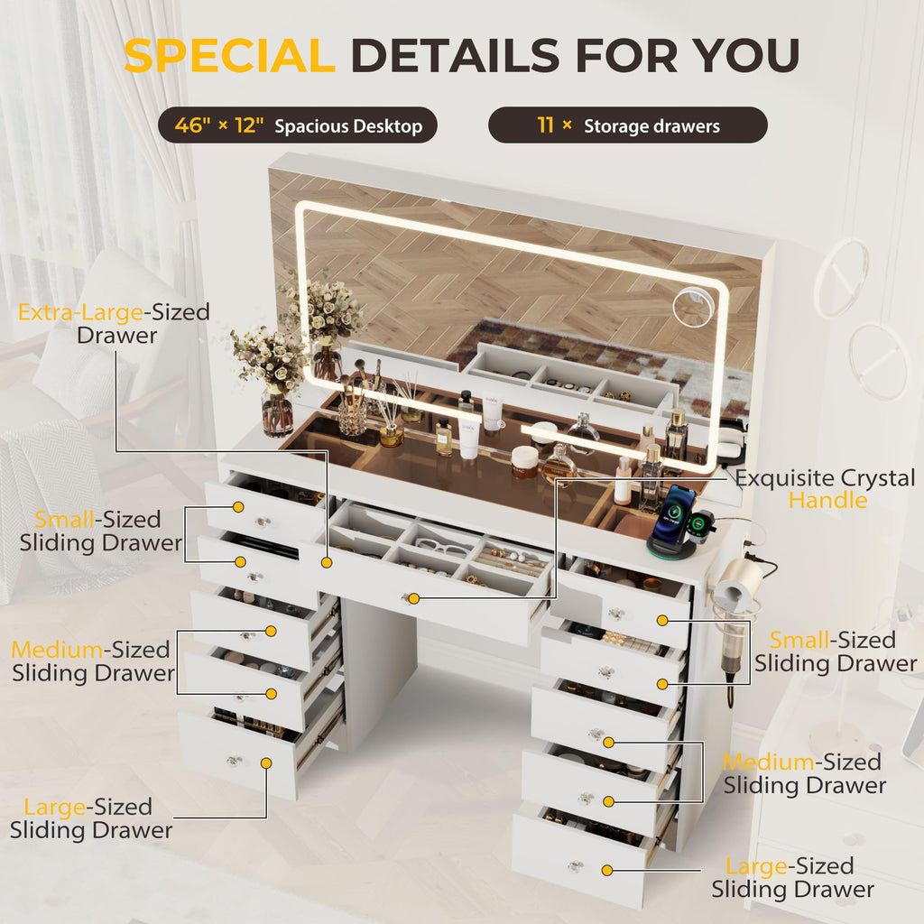46" White Makeup Vanity Desk with Mirror and Lights J234736