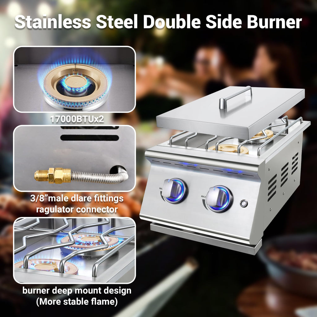 Double Grilling Side Burners, 2 * 17,000BTU, Convertible to Liquid Propane, 304 Stainless Steel Q9658