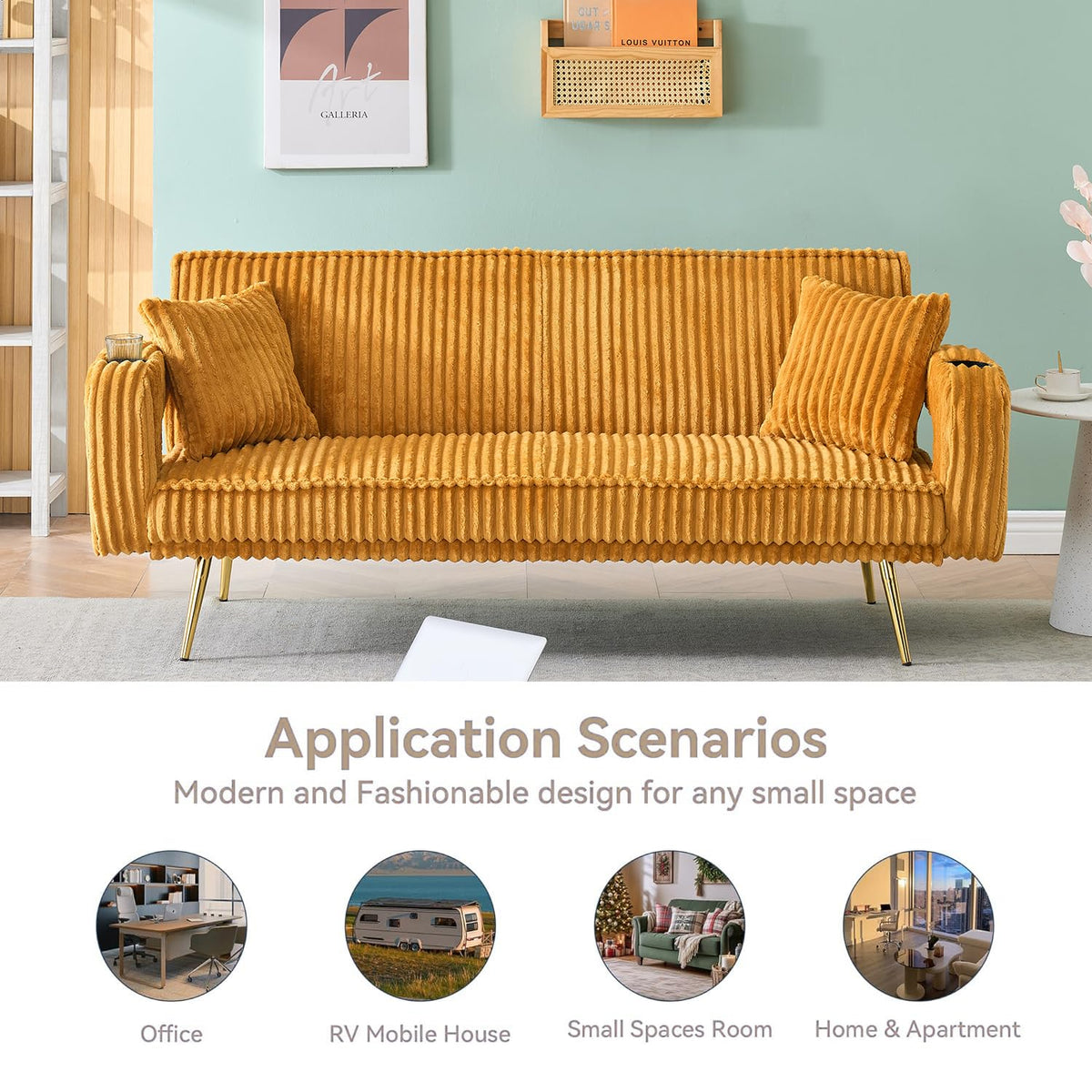Orange Velvet Convertible Sofa Bed I736