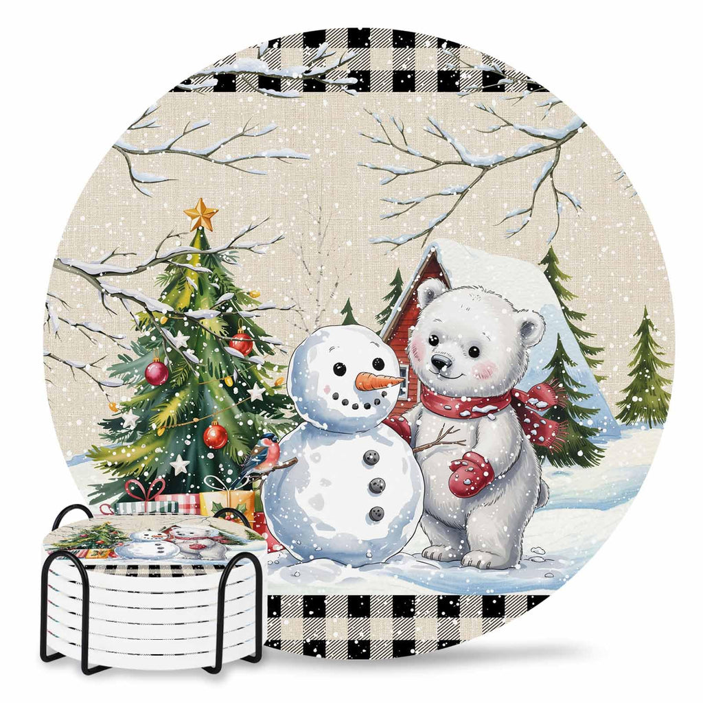 Set of 6 Christmas Coasters with Holder Absorbent Stone Ceramic E7019