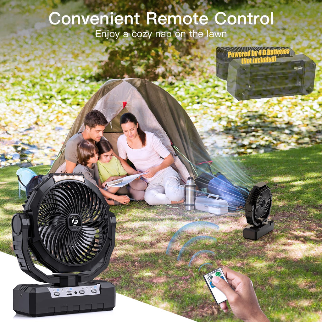Battery Operated Portable Camping Fan with 4 Speeds, Light, Timer, Remote - Black A1527