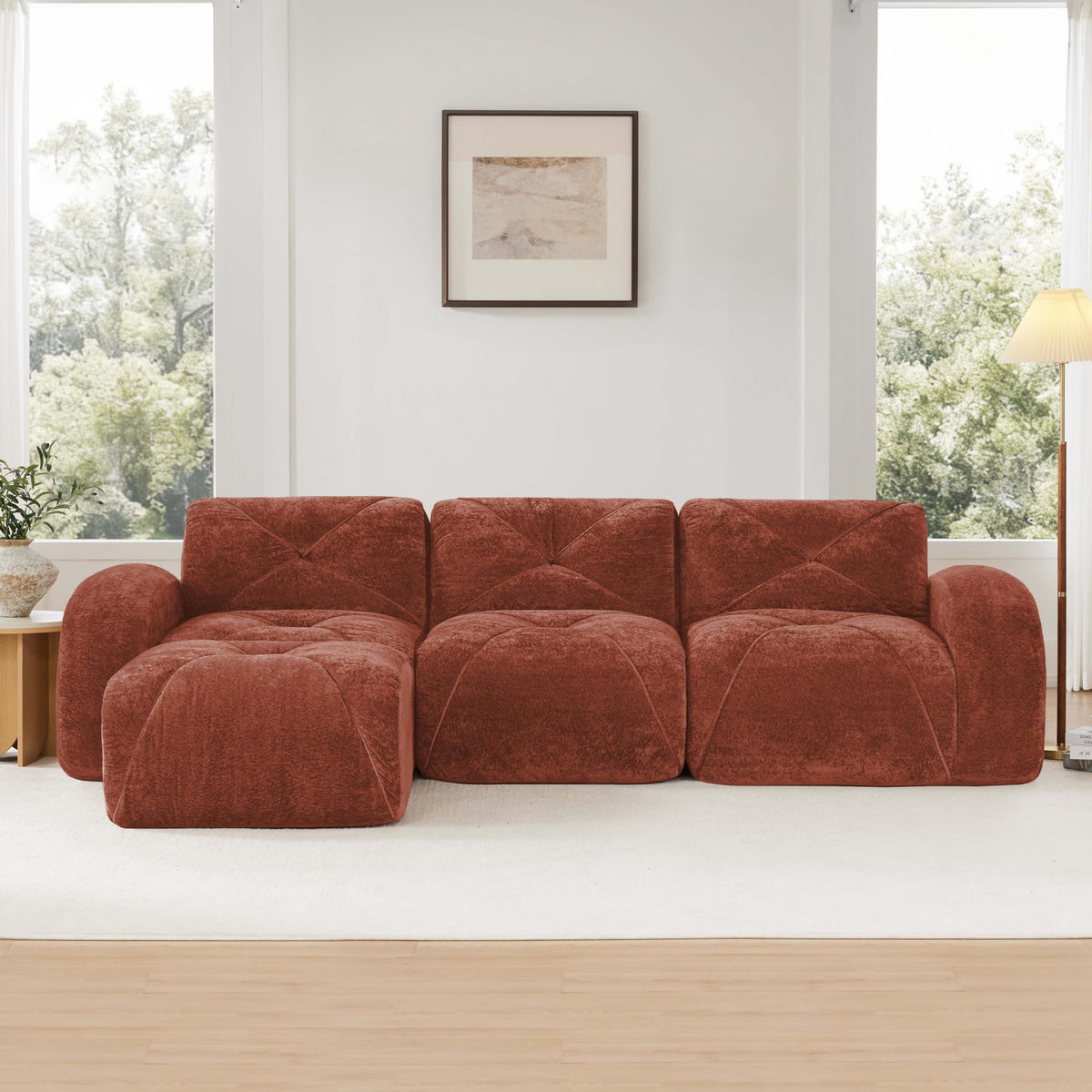 L-Shaped Orange Velvet Tufted Sofa with Ottoman S1099