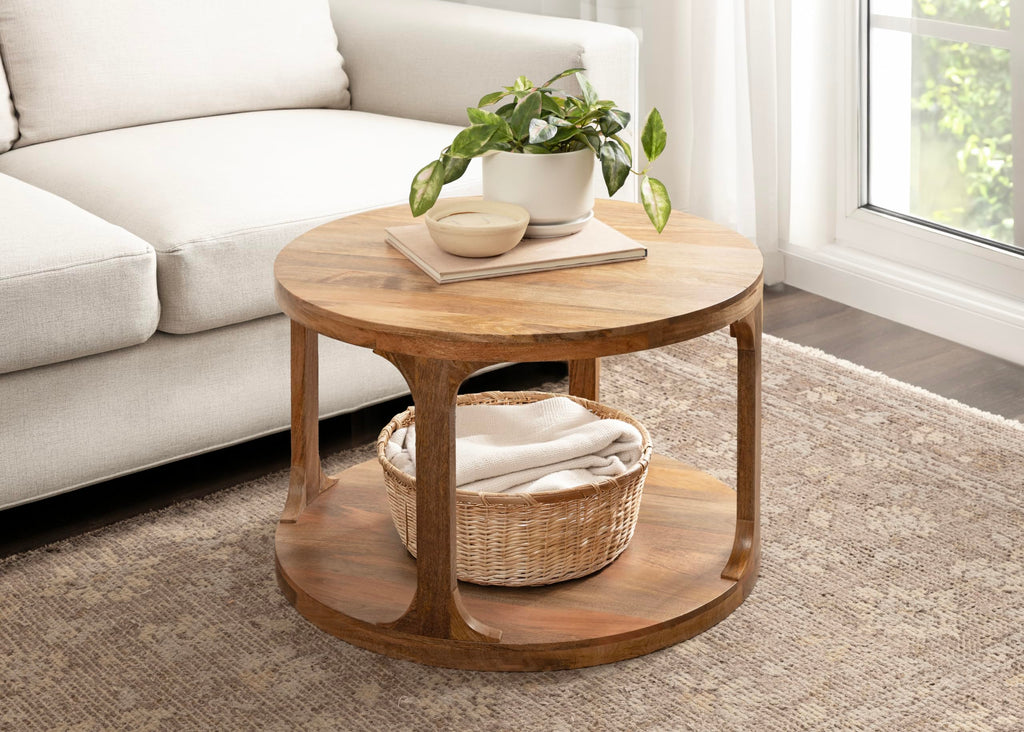 Round Mango Wood Coffee Table with Storage Q28943