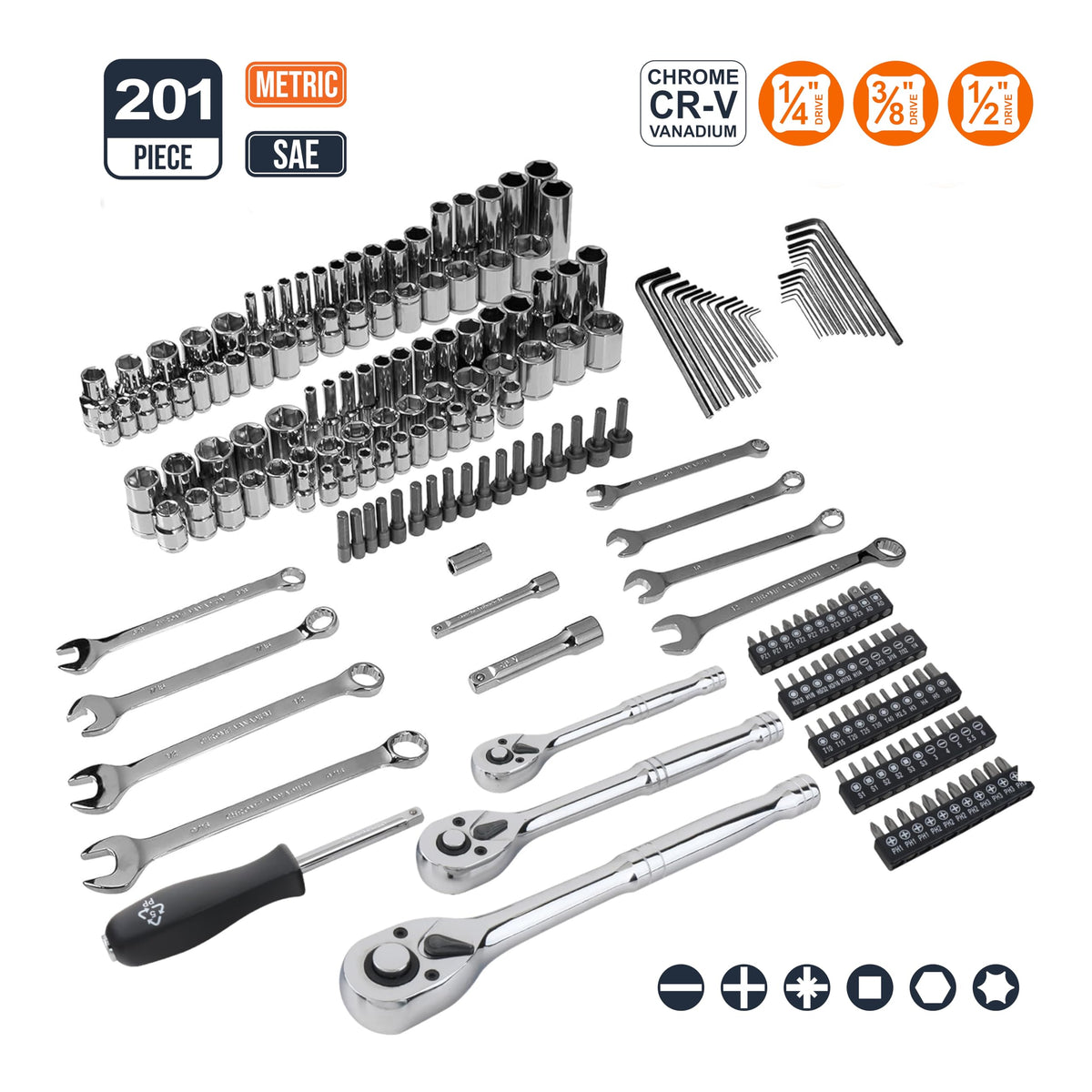 201-Piece Mechanic's Socket Tool Set with Case, SAE and Metric, Chrome-Vanadium Steel W44212