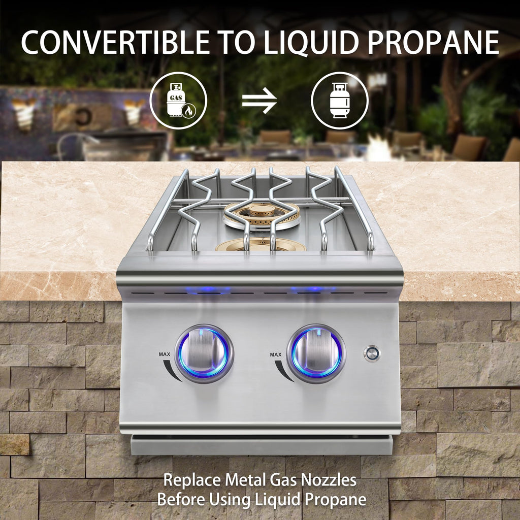 Double Grilling Side Burners, 2 * 17,000BTU, Convertible to Liquid Propane, 304 Stainless Steel Q9658