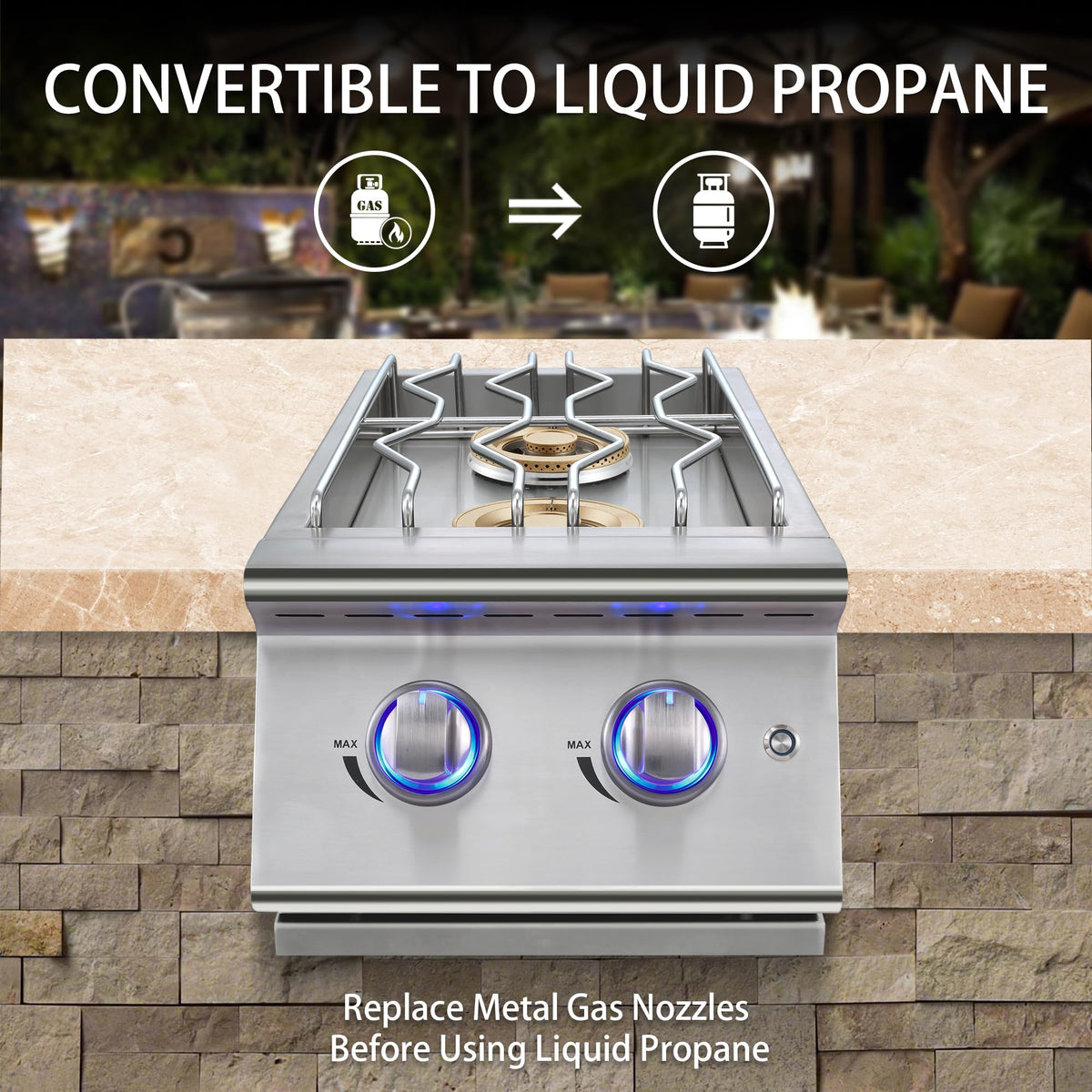 Double Grilling Side Burners, 2 * 17,000BTU, Convertible to Liquid Propane, 304 Stainless Steel Q9658
