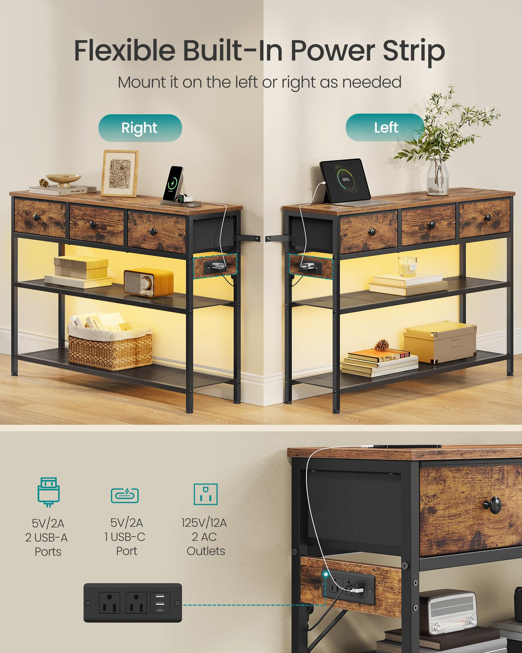 Console Table with Power Outlets and LED Lights E197839