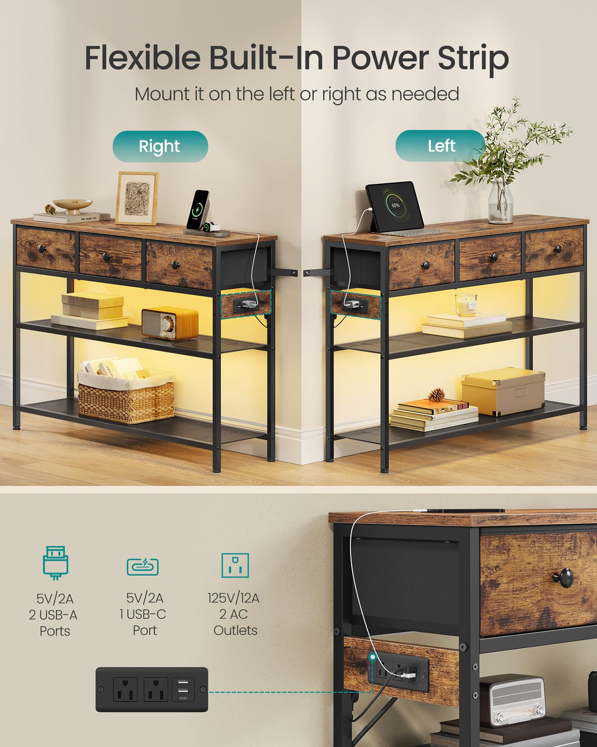 Console Table with Power Outlets and LED Lights E197839