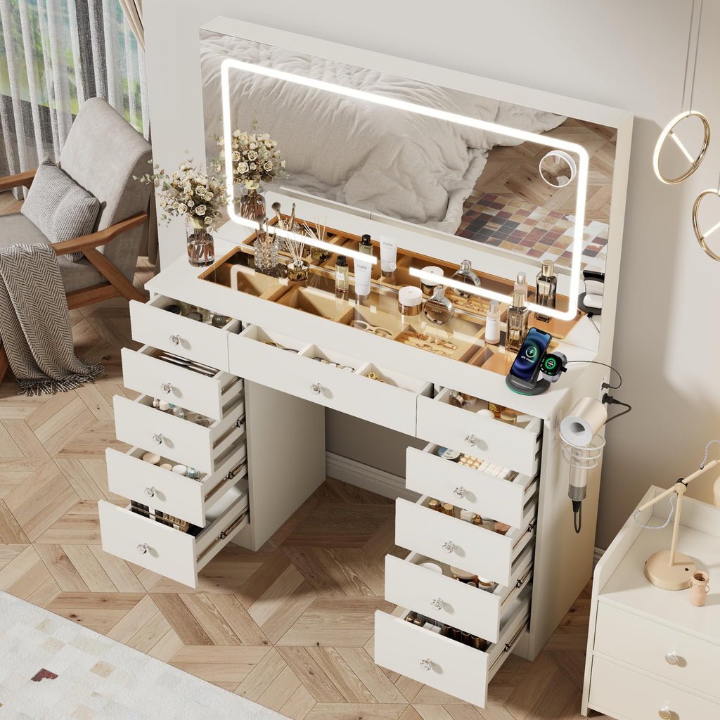 46" White Makeup Vanity Desk with Mirror and Lights J234736
