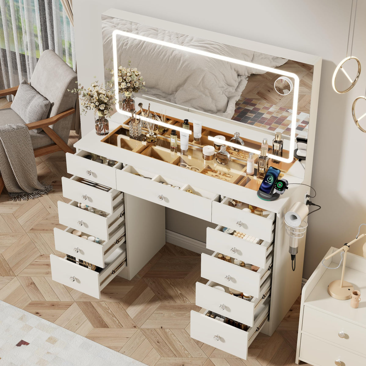 46" White Makeup Vanity Desk with Mirror and Lights J234736