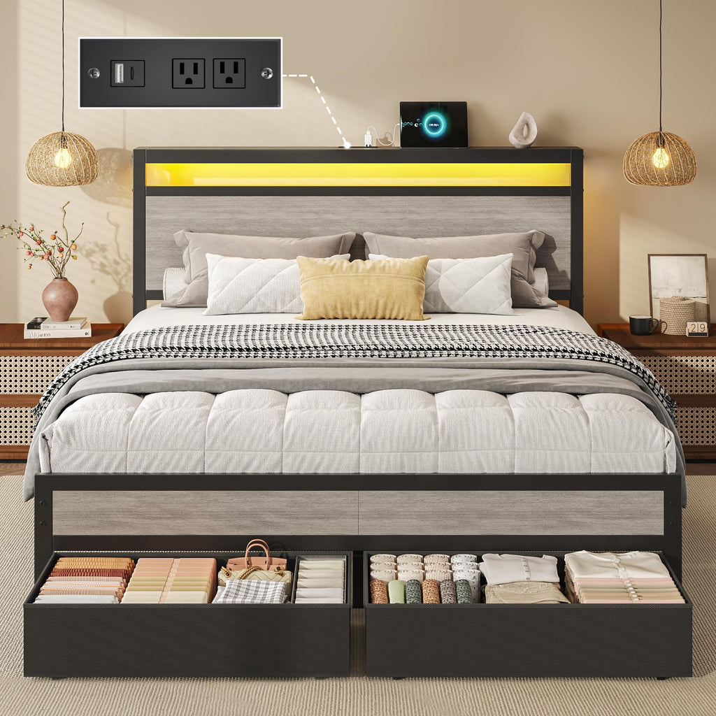 Queen Size Storage Bed Frame with Wood Headboard and LED Lights M160365