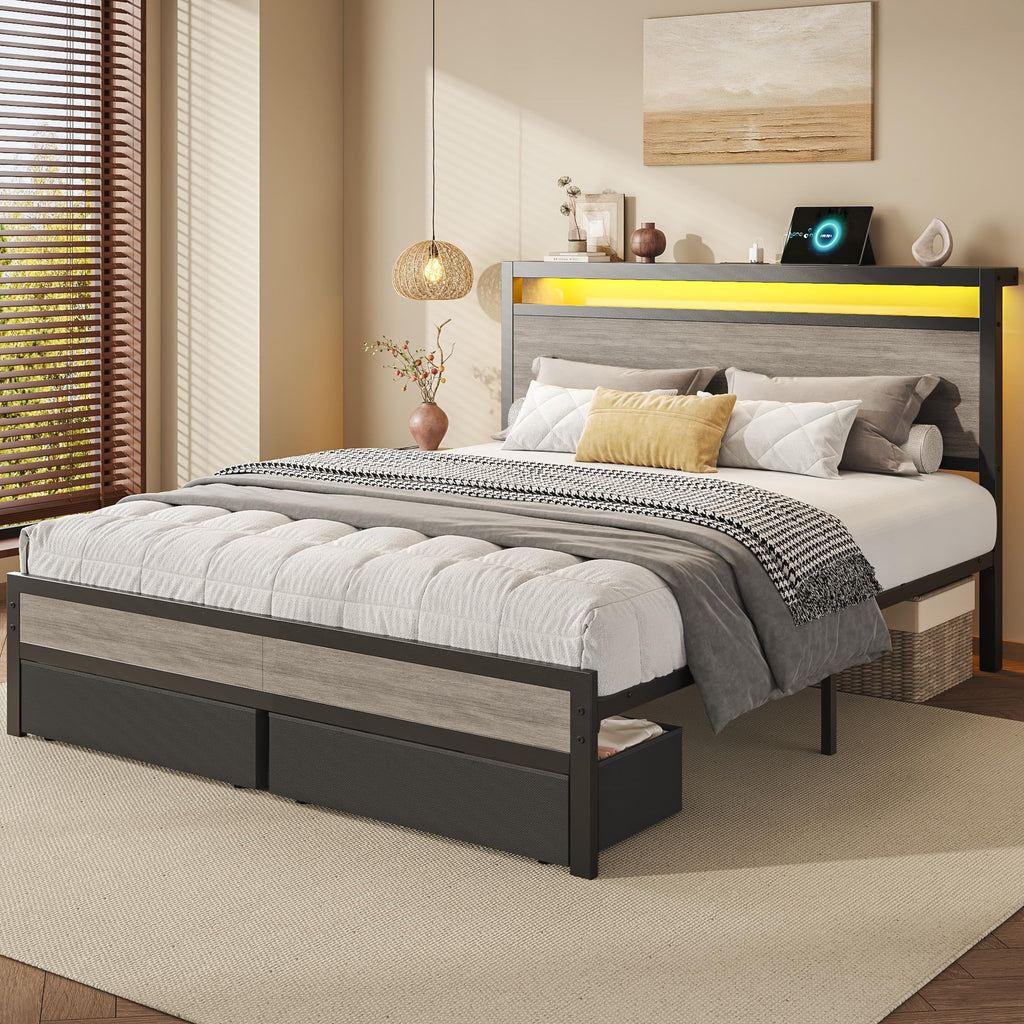 Queen Size Storage Bed Frame with Wood Headboard and LED Lights M160365