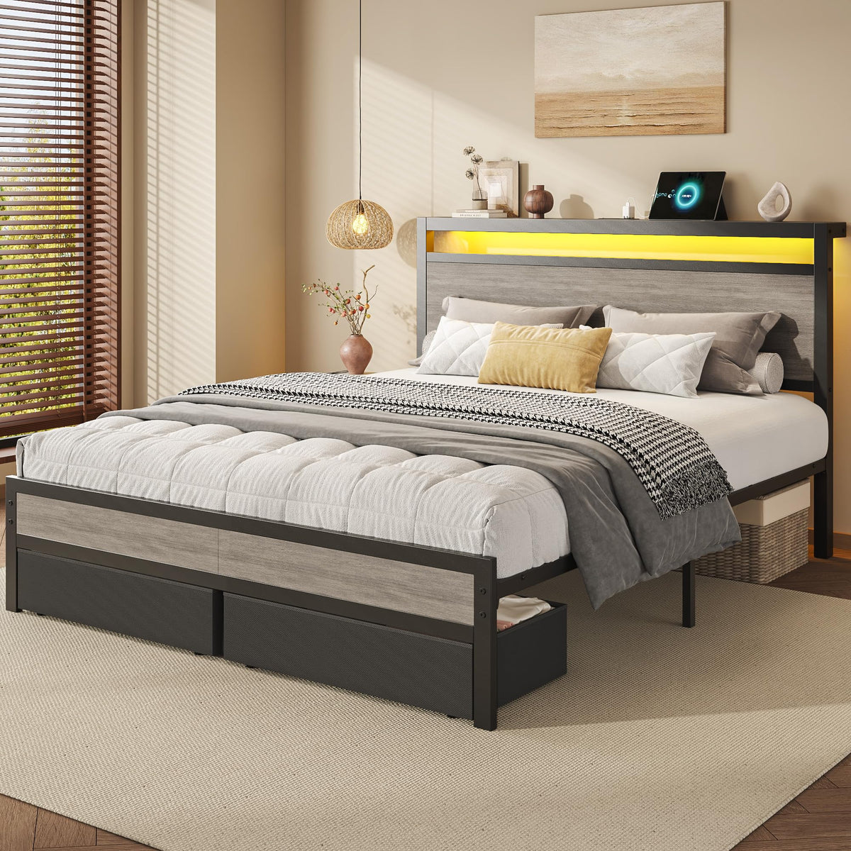 Queen Size Storage Bed Frame with Wood Headboard and LED Lights M160365