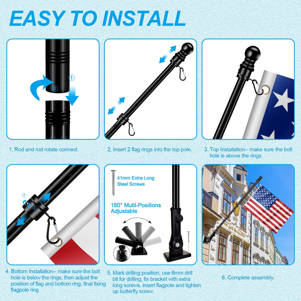6 FT Black Metal Flagpole Kit and 1" Flag Pole Holder K758