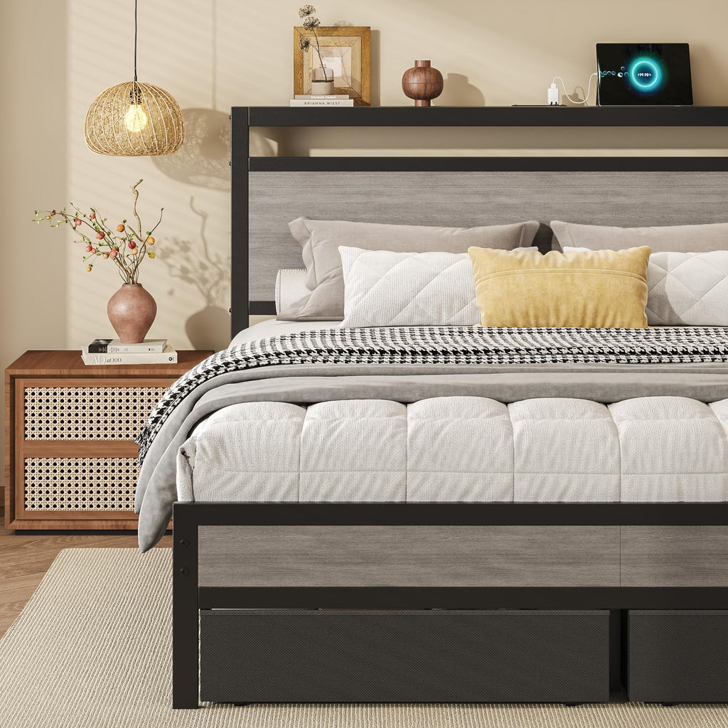 Queen Size Storage Bed Frame with Wood Headboard and LED Lights M160365