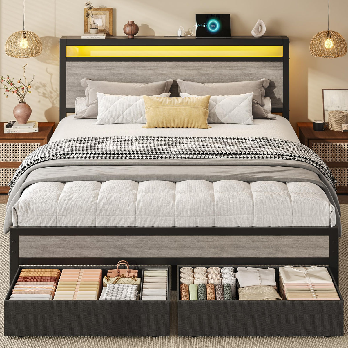 Queen Size Storage Bed Frame with Wood Headboard and LED Lights M160365